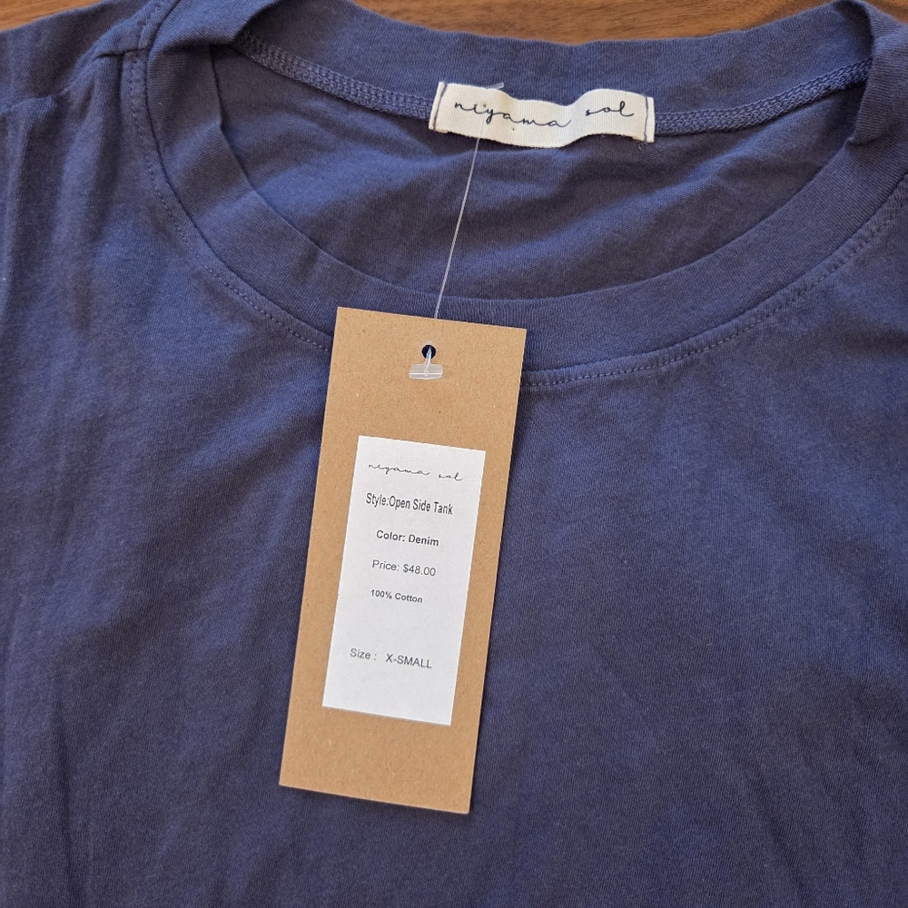 Niyama Sol Open Side Tank - New with Tags - 100% Cotton in Denim Gray Blue - Picture 7 of 7